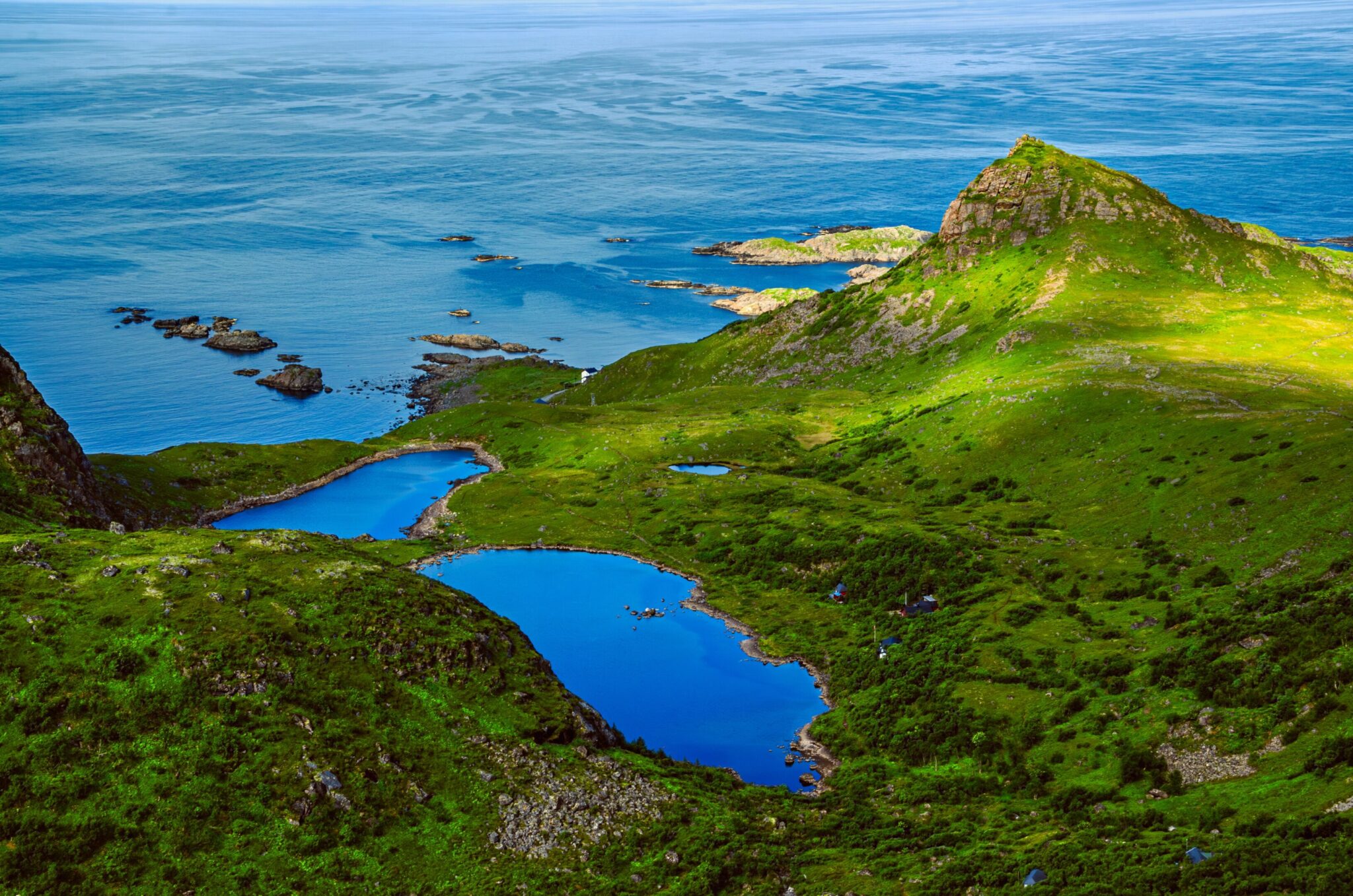Mountains and lakes and sea near Lofoten