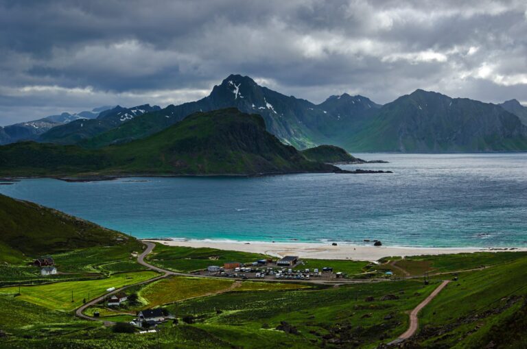 View of seat beach and mountains in Lofoten
