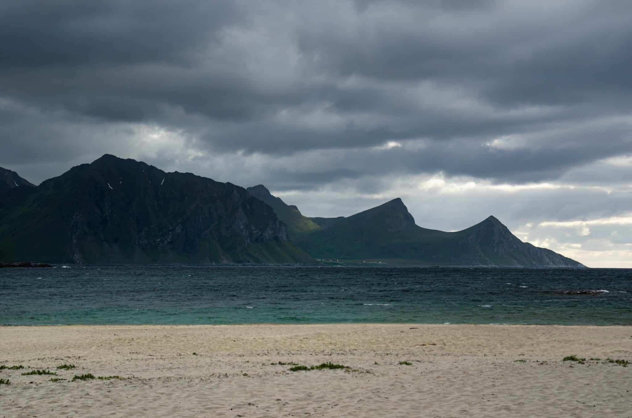 View of seat beach and mountains in Lofoten