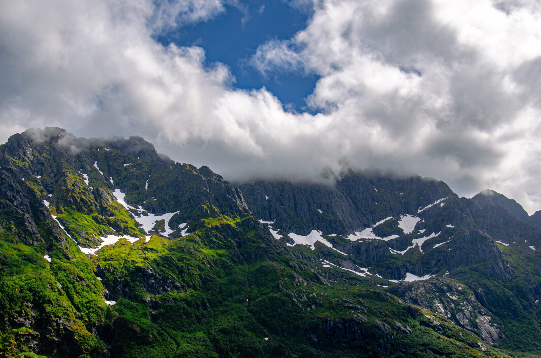 Mountains in Lofoten covered with clouds