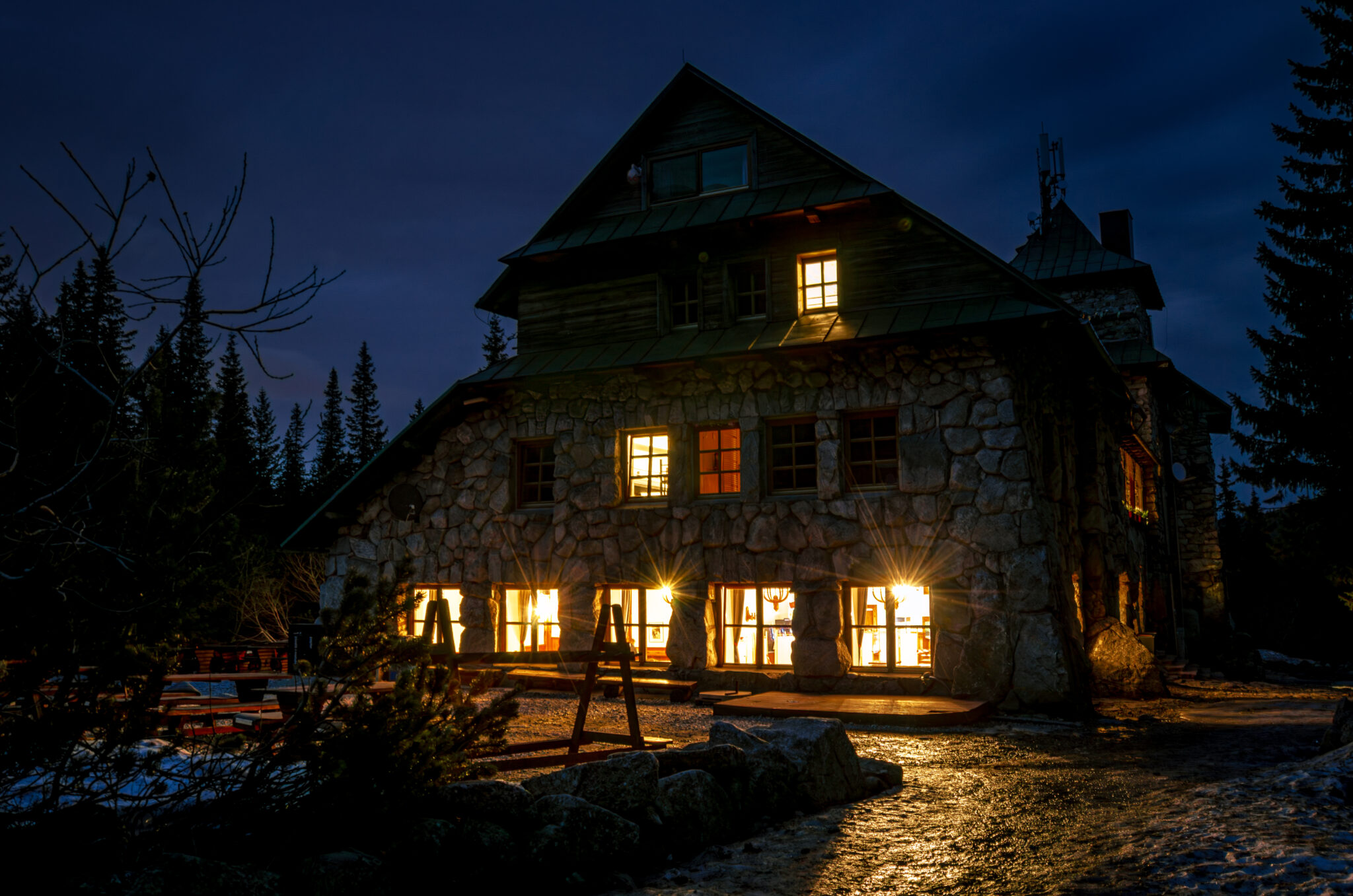 a mountain hut at night
