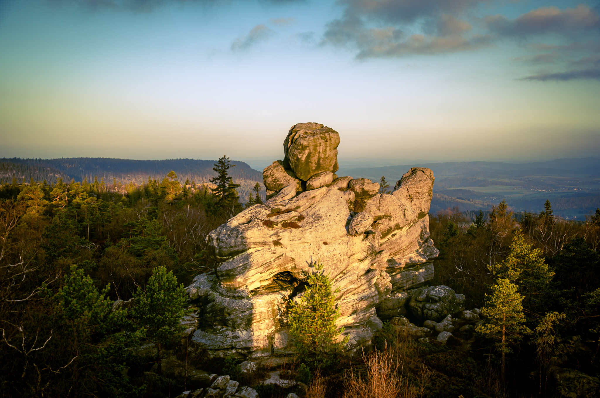 a giant rock among many trees
